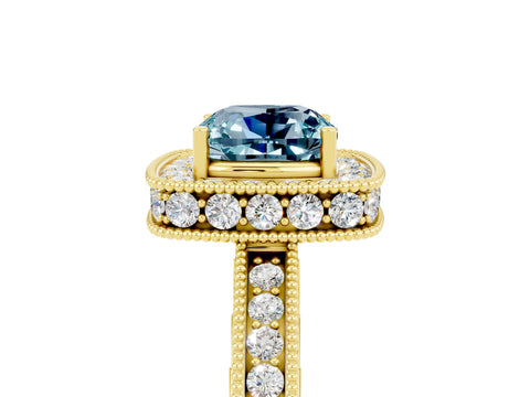 Yellow gold Cushion Cut Halo Diamond Engagement Ring with Milgrain Pave Band and Four-Prong Setting_5