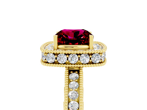 Yellow gold Cushion Cut Halo Diamond Engagement Ring with Milgrain Pave Band and Four-Prong Setting_5