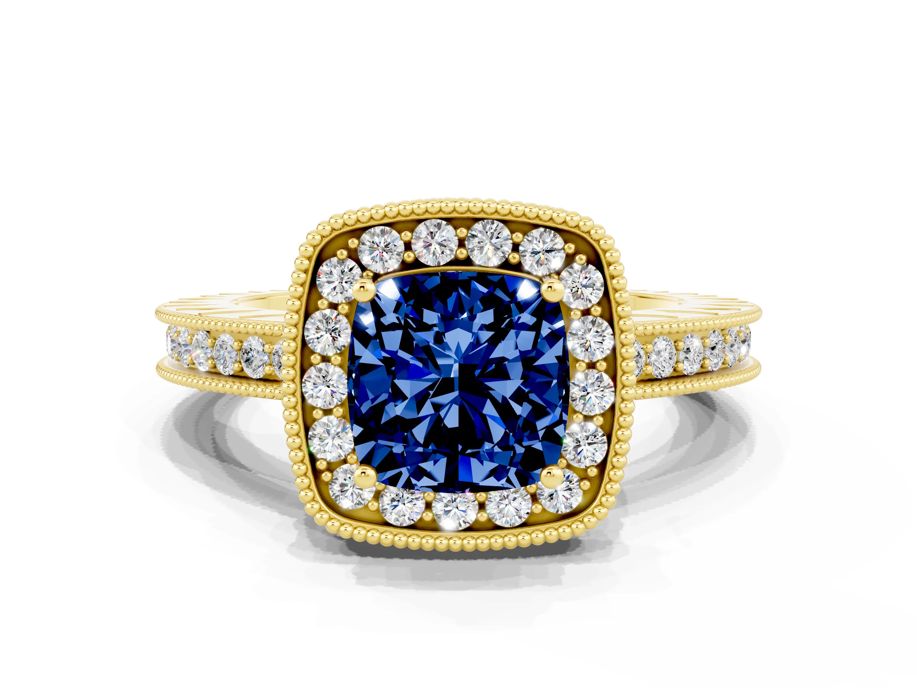 Yellow gold Cushion Cut Halo Diamond Engagement Ring with Milgrain Pave Band and Four-Prong Setting