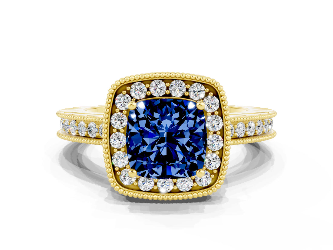 Yellow gold Cushion Cut Halo Diamond Engagement Ring with Milgrain Pave Band and Four-Prong Setting