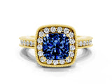 Yellow gold Cushion Cut Halo Diamond Engagement Ring with Milgrain Pave Band and Four-Prong Setting