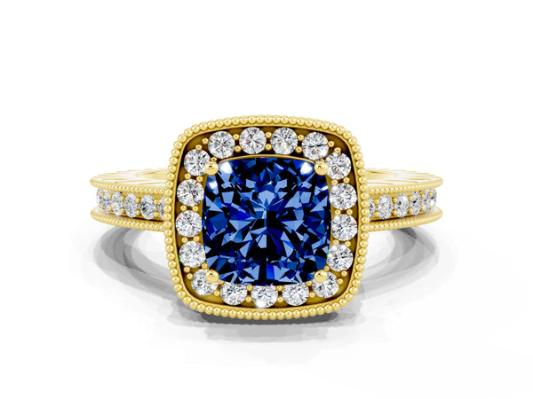 Yellow gold Cushion Cut Halo Diamond Engagement Ring with Milgrain Pave Band and Four-Prong Setting