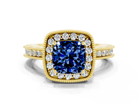 Yellow gold Cushion Cut Halo Diamond Engagement Ring with Milgrain Pave Band and Four-Prong Setting