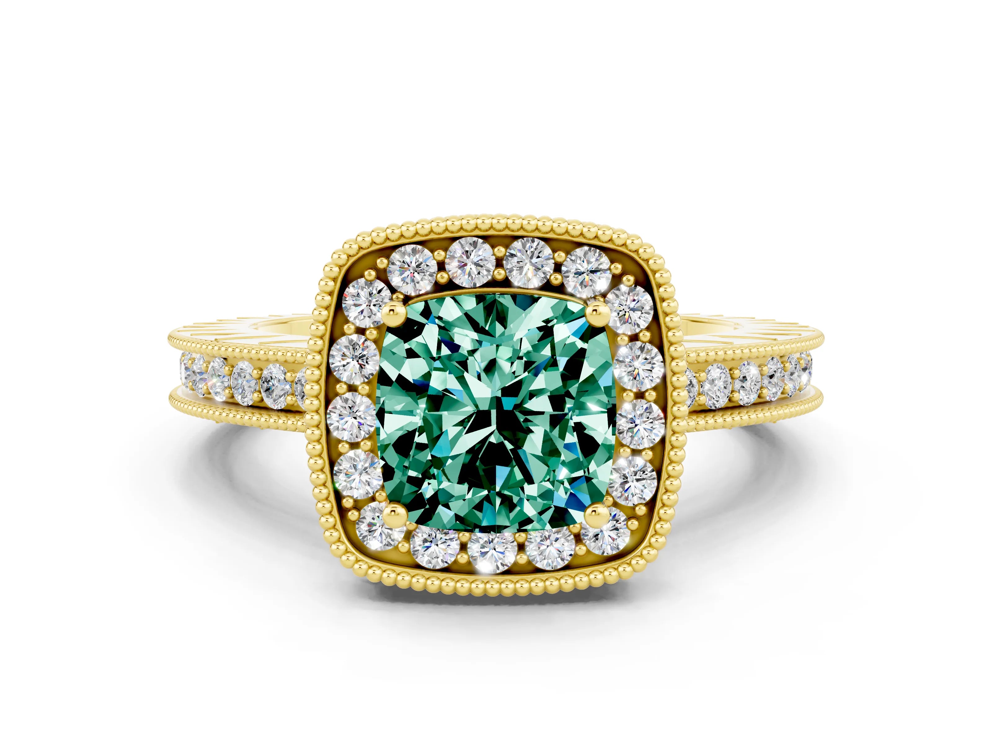 Yellow gold Cushion Cut Halo Diamond Engagement Ring with Milgrain Pave Band and Four-Prong Setting