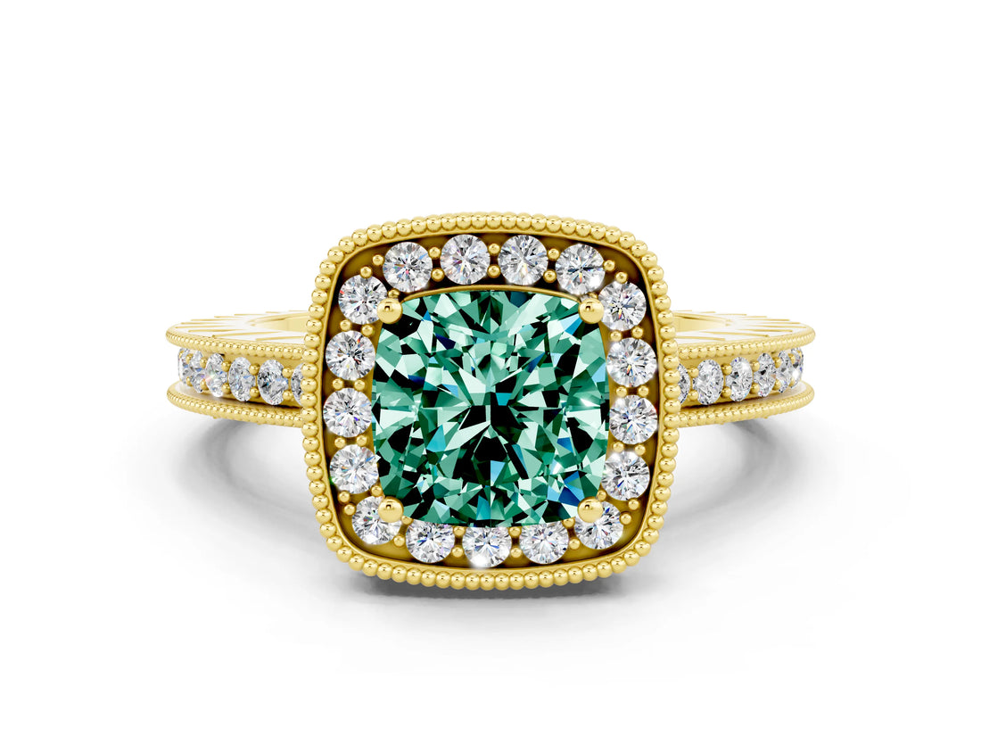Yellow gold Cushion Cut Halo Diamond Engagement Ring with Milgrain Pave Band and Four-Prong Setting