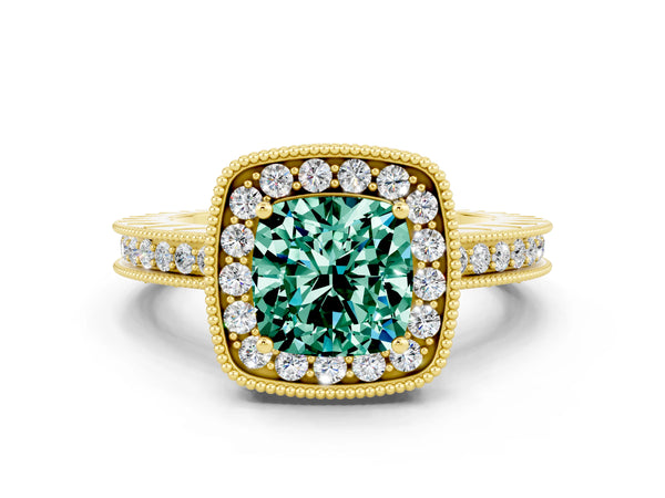 Yellow gold Cushion Cut Halo Diamond Engagement Ring with Milgrain Pave Band and Four-Prong Setting