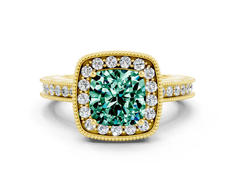 Yellow gold Cushion Cut Halo Diamond Engagement Ring with Milgrain Pave Band and Four-Prong Setting