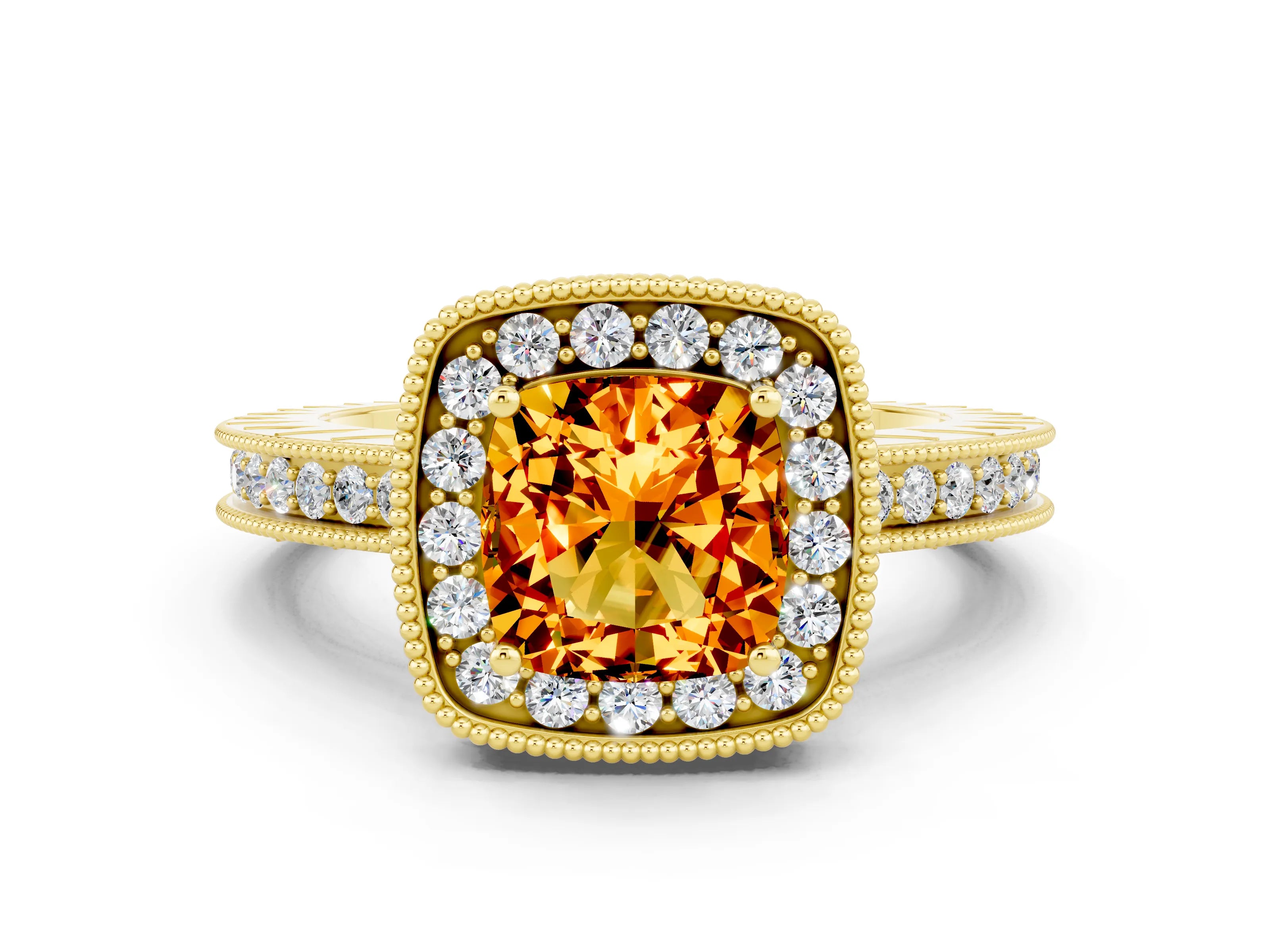 Yellow gold Cushion Cut Halo Diamond Engagement Ring with Milgrain Pave Band and Four-Prong Setting