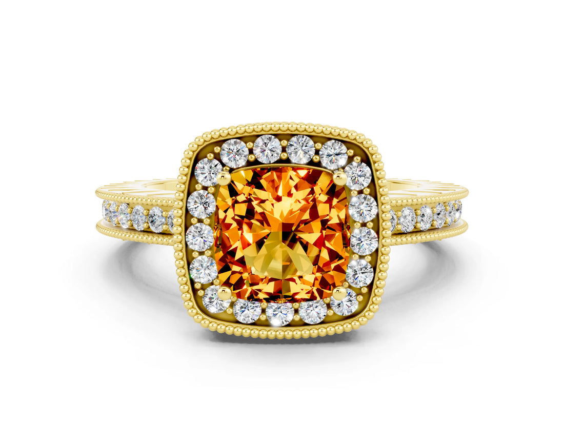 Yellow gold Cushion Cut Halo Diamond Engagement Ring with Milgrain Pave Band and Four-Prong Setting