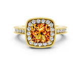 Yellow gold Cushion Cut Halo Diamond Engagement Ring with Milgrain Pave Band and Four-Prong Setting