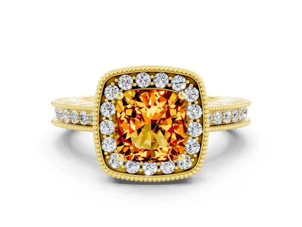 Yellow gold Cushion Cut Halo Diamond Engagement Ring with Milgrain Pave Band and Four-Prong Setting