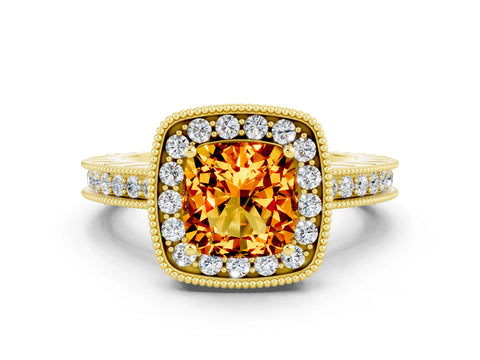 Yellow gold Cushion Cut Halo Diamond Engagement Ring with Milgrain Pave Band and Four-Prong Setting