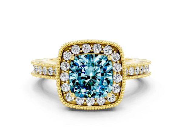 Yellow gold Cushion Cut Halo Diamond Engagement Ring with Milgrain Pave Band and Four-Prong Setting