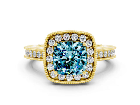 Yellow gold Cushion Cut Halo Diamond Engagement Ring with Milgrain Pave Band and Four-Prong Setting