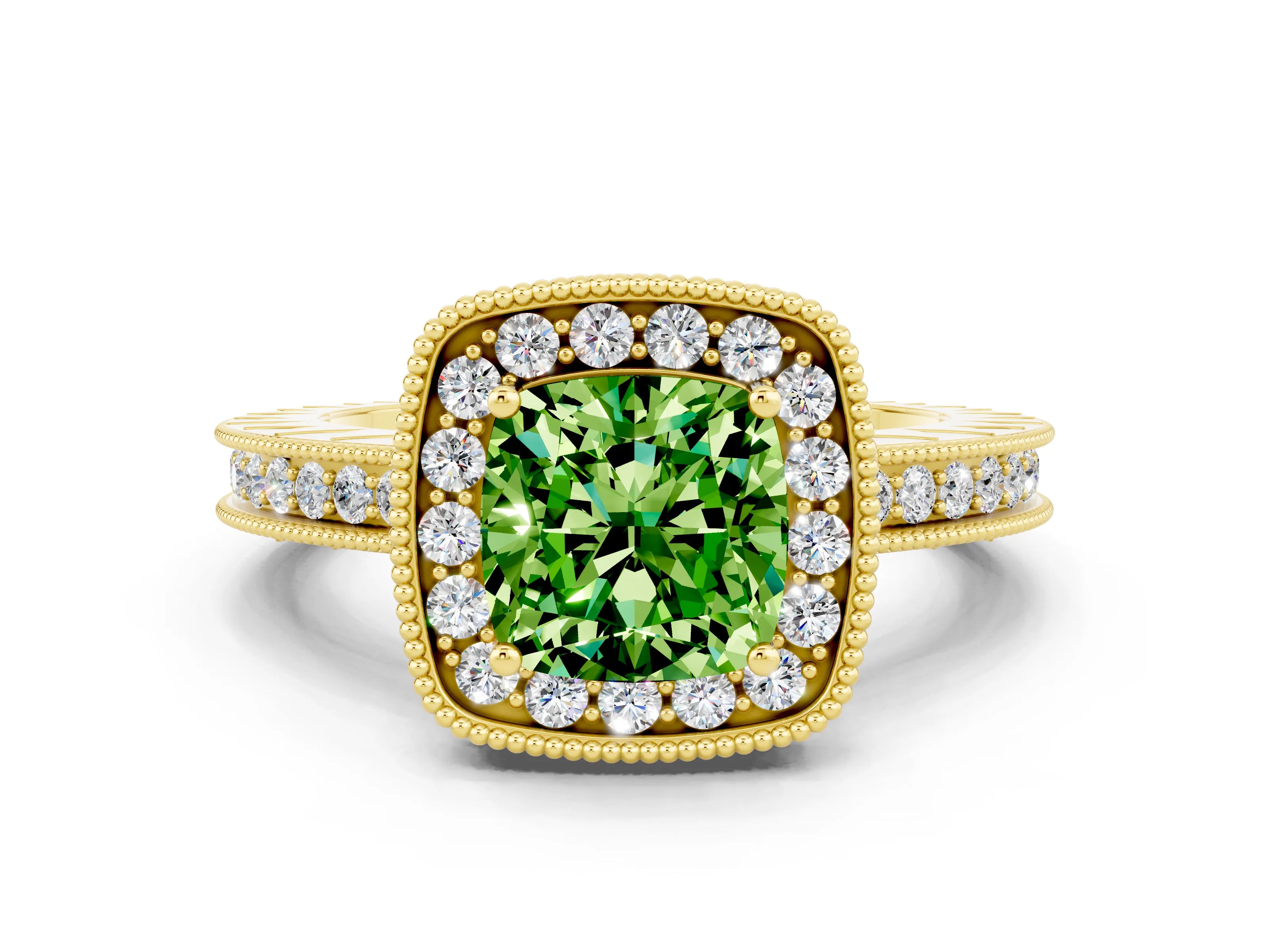 Yellow gold Cushion Cut Halo Diamond Engagement Ring with Milgrain Pave Band and Four-Prong Setting