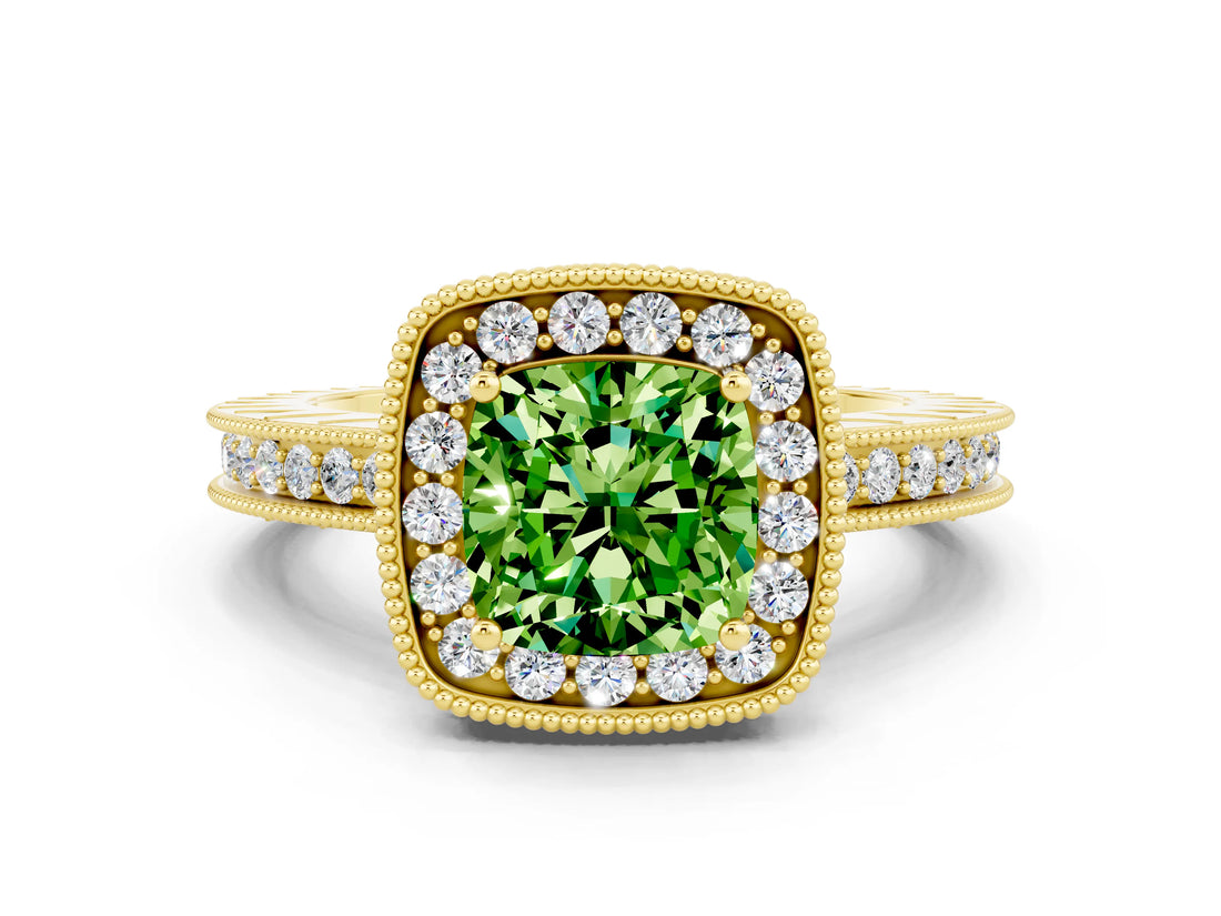 Yellow gold Cushion Cut Halo Diamond Engagement Ring with Milgrain Pave Band and Four-Prong Setting