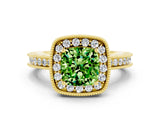 Yellow gold Cushion Cut Halo Diamond Engagement Ring with Milgrain Pave Band and Four-Prong Setting