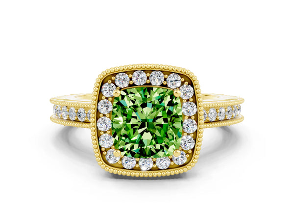 Yellow gold Cushion Cut Halo Diamond Engagement Ring with Milgrain Pave Band and Four-Prong Setting