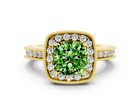 Yellow gold Cushion Cut Halo Diamond Engagement Ring with Milgrain Pave Band and Four-Prong Setting