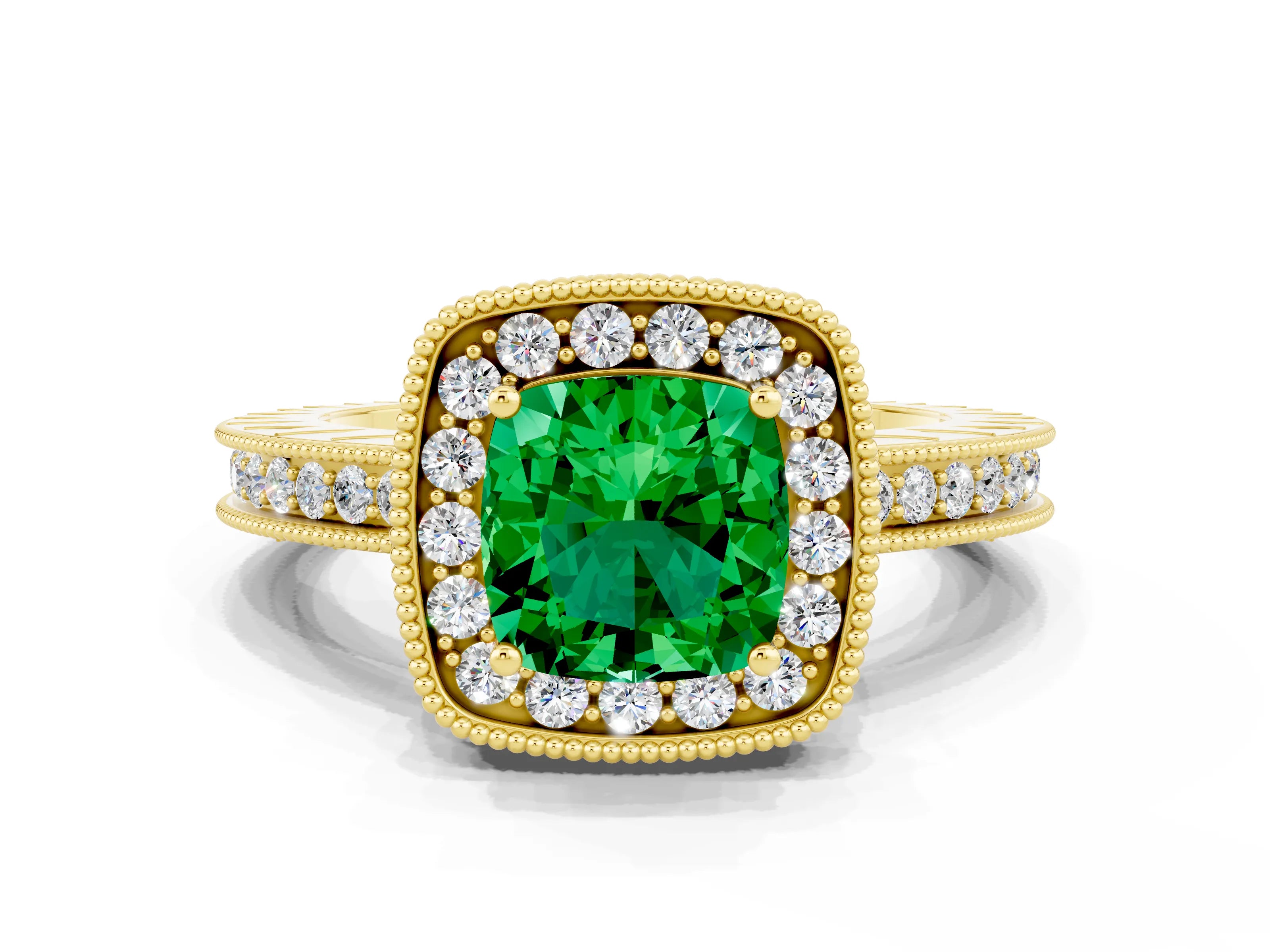 Yellow gold Cushion Cut Halo Diamond Engagement Ring with Milgrain Pave Band and Four-Prong Setting
