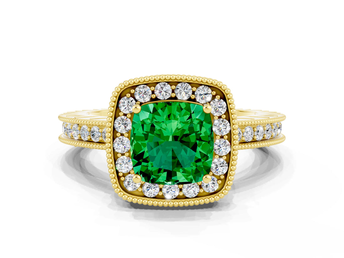 Yellow gold Cushion Cut Halo Diamond Engagement Ring with Milgrain Pave Band and Four-Prong Setting