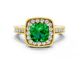 Yellow gold Cushion Cut Halo Diamond Engagement Ring with Milgrain Pave Band and Four-Prong Setting