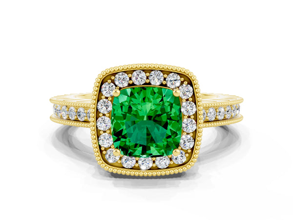 Yellow gold Cushion Cut Halo Diamond Engagement Ring with Milgrain Pave Band and Four-Prong Setting