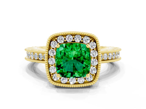Yellow gold Cushion Cut Halo Diamond Engagement Ring with Milgrain Pave Band and Four-Prong Setting