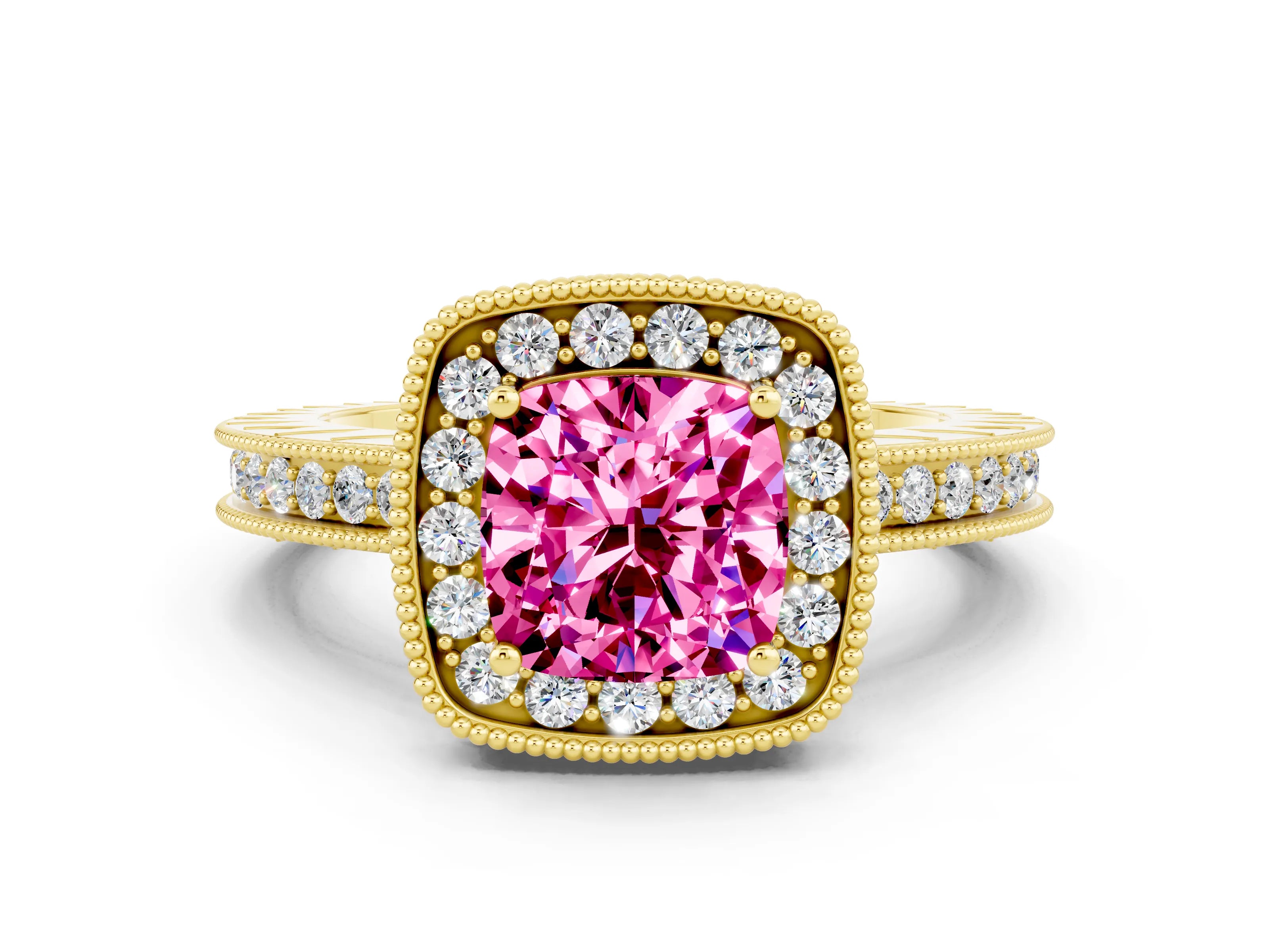 Yellow gold Cushion Cut Halo Diamond Engagement Ring with Milgrain Pave Band and Four-Prong Setting