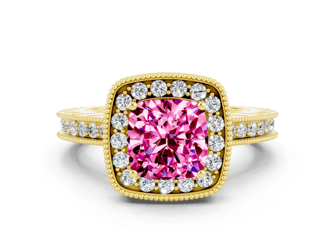 Yellow gold Cushion Cut Halo Diamond Engagement Ring with Milgrain Pave Band and Four-Prong Setting