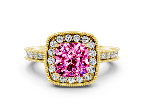 Yellow gold Cushion Cut Halo Diamond Engagement Ring with Milgrain Pave Band and Four-Prong Setting