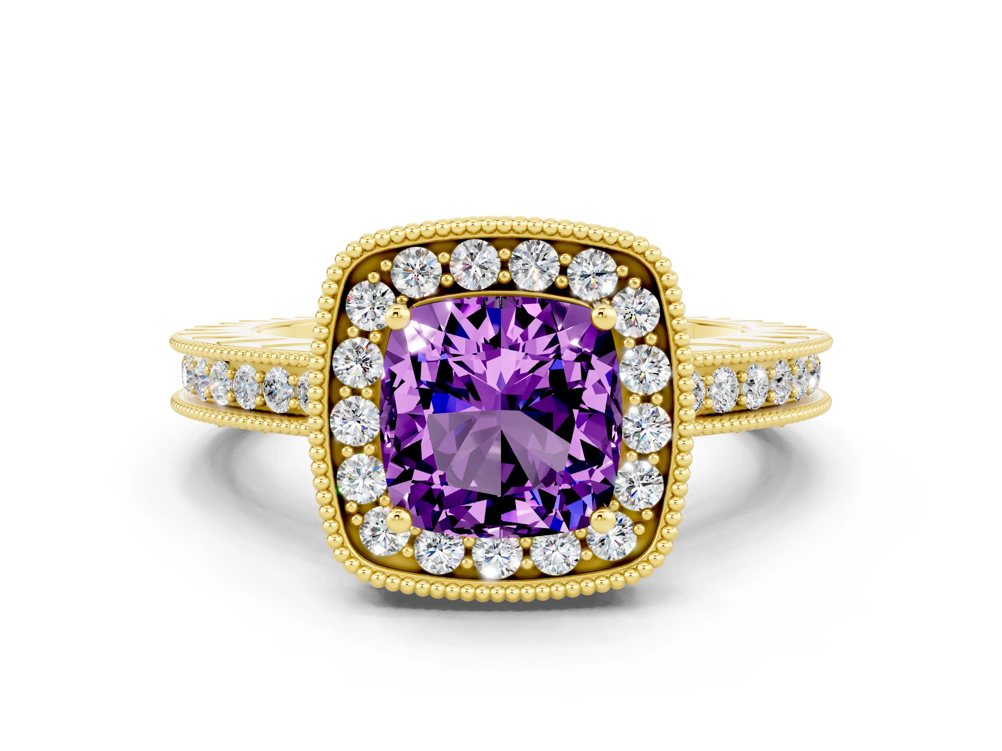 Yellow gold Cushion Cut Halo Diamond Engagement Ring with Milgrain Pave Band and Four-Prong Setting