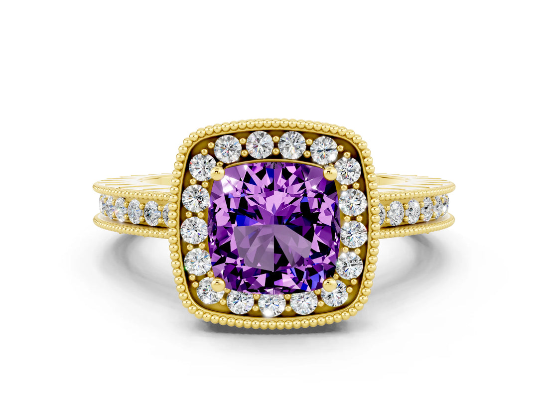 Yellow gold Cushion Cut Halo Diamond Engagement Ring with Milgrain Pave Band and Four-Prong Setting