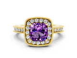 Yellow gold Cushion Cut Halo Diamond Engagement Ring with Milgrain Pave Band and Four-Prong Setting