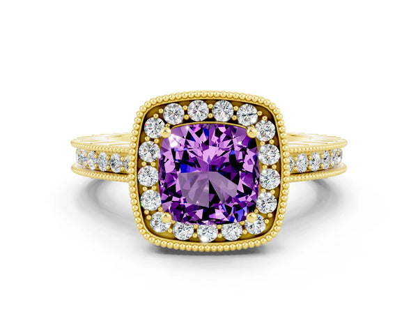 Yellow gold Cushion Cut Amethyst Milgrain Halo Engagement Ring with Round Pavé Band and Prong Setting