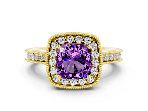 Yellow gold Cushion Cut Halo Diamond Engagement Ring with Milgrain Pave Band and Four-Prong Setting