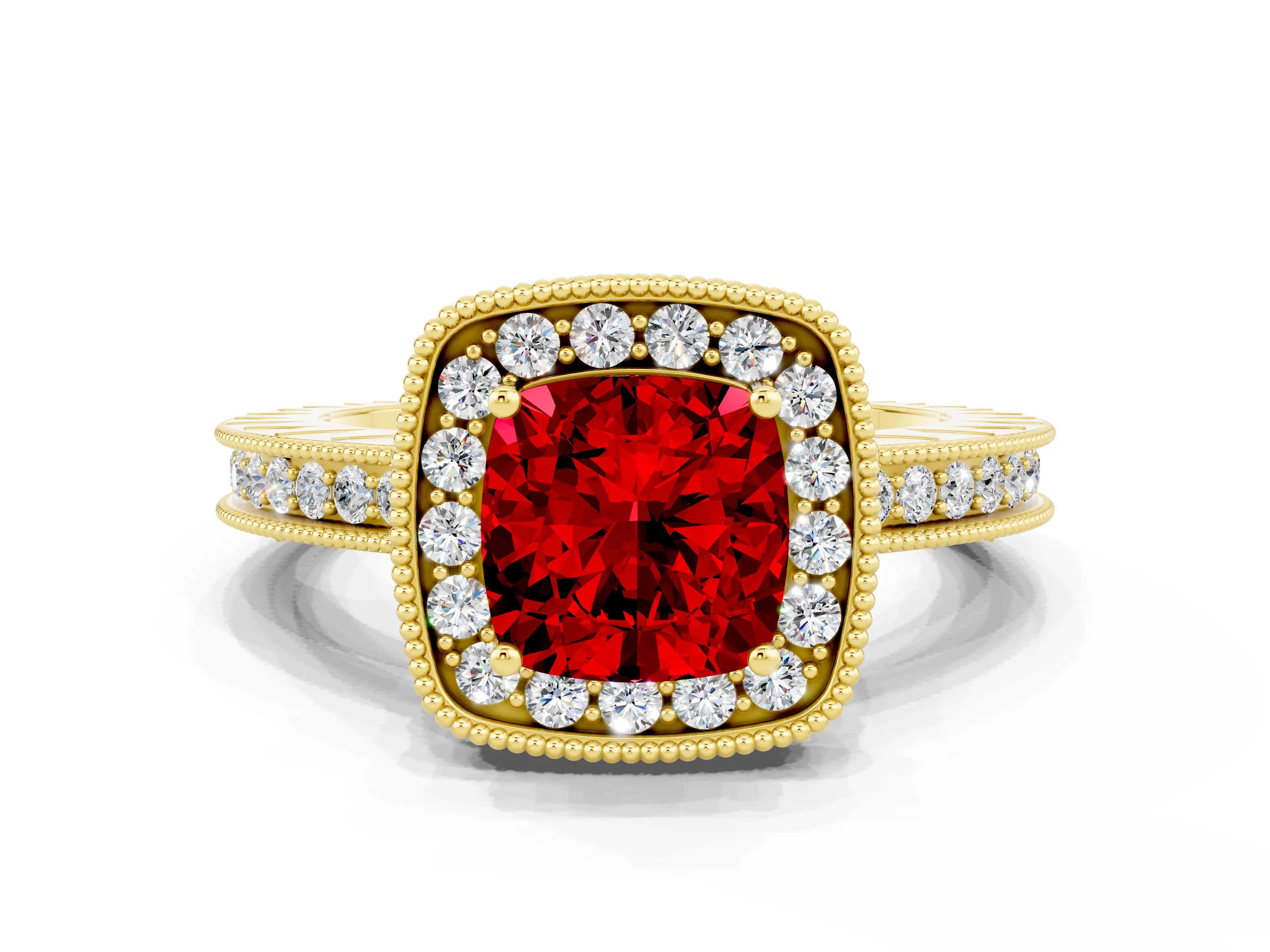 Yellow gold Cushion Cut Halo Diamond Engagement Ring with Milgrain Pave Band and Four-Prong Setting