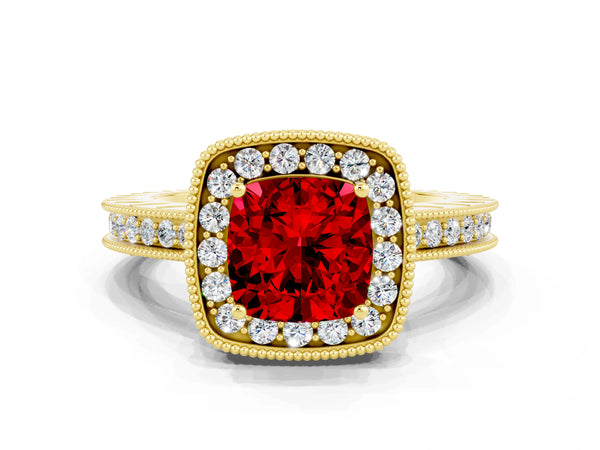 Yellow gold Cushion Cut Halo Diamond Engagement Ring with Milgrain Pave Band and Four-Prong Setting