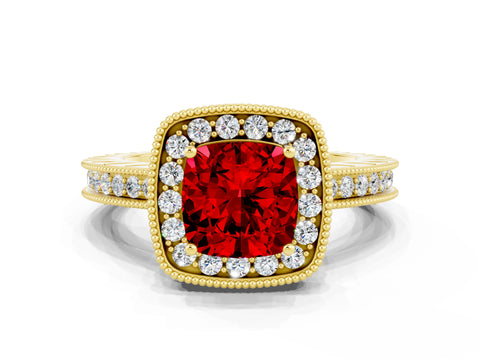 Yellow gold Cushion Cut Halo Diamond Engagement Ring with Milgrain Pave Band and Four-Prong Setting