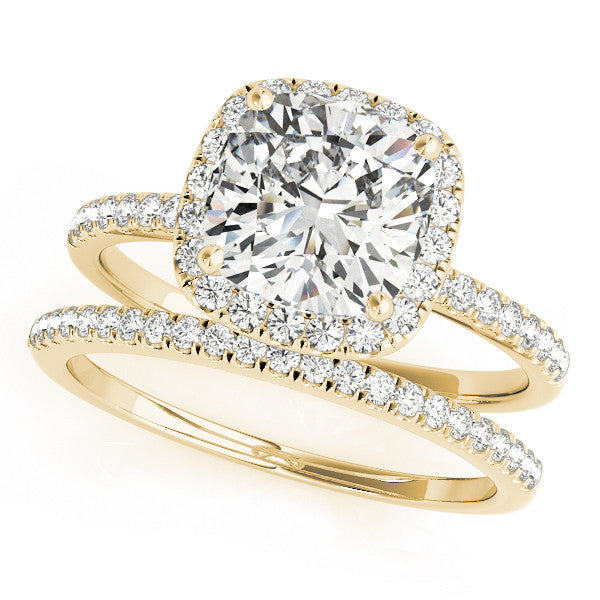 Yellow gold Cushion Cut Halo Diamond Engagement Ring with Pave Band and Four-Prong Setting 1