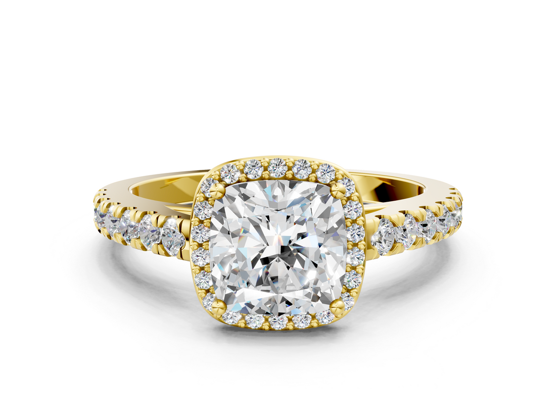 Yellow gold Cushion Cut Halo Diamond Engagement Ring with Pave Band and Four-Prong Setting_40