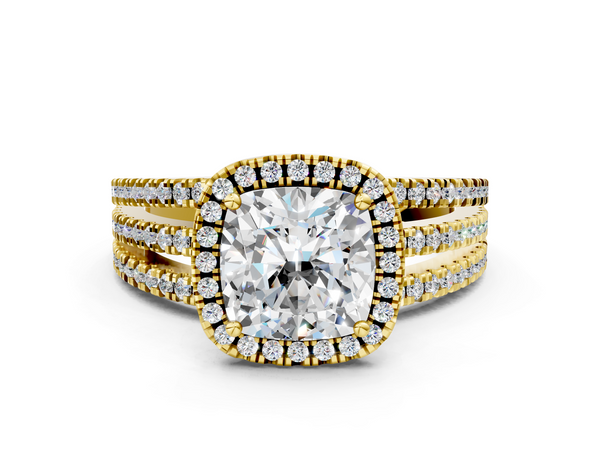 Yellow Gold Cushion Cut Halo Engagement Ring Setting with Triple Row Split Shank