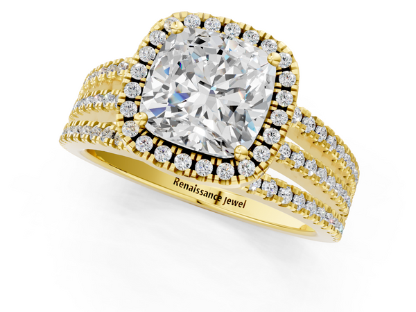 Yellow Gold Cushion Cut Halo Engagement Ring Setting with Triple Row Split Shank