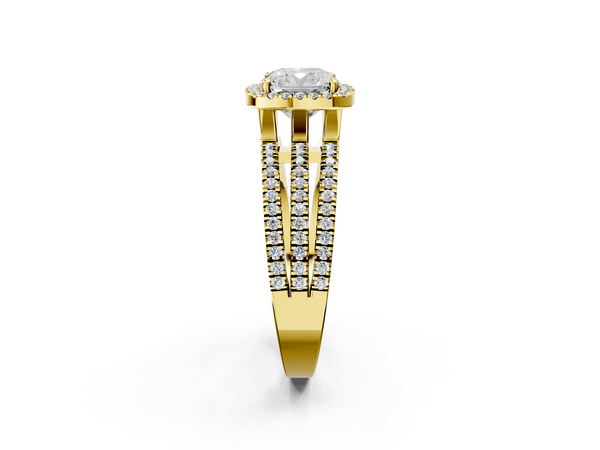 Yellow Gold Cushion Cut Halo Engagement Ring Setting with Triple Row Split Shank