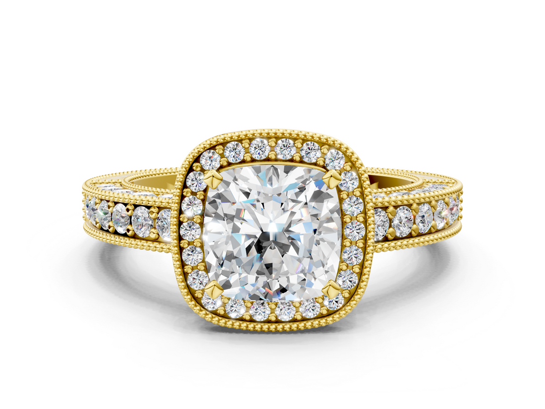 Yellow gold Cushion Cut Halo Diamond Pave Band Ring with Four-Prong Setting_61