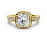 Yellow gold Cushion Cut Halo Diamond Pave Band Ring with Four-Prong Setting_61