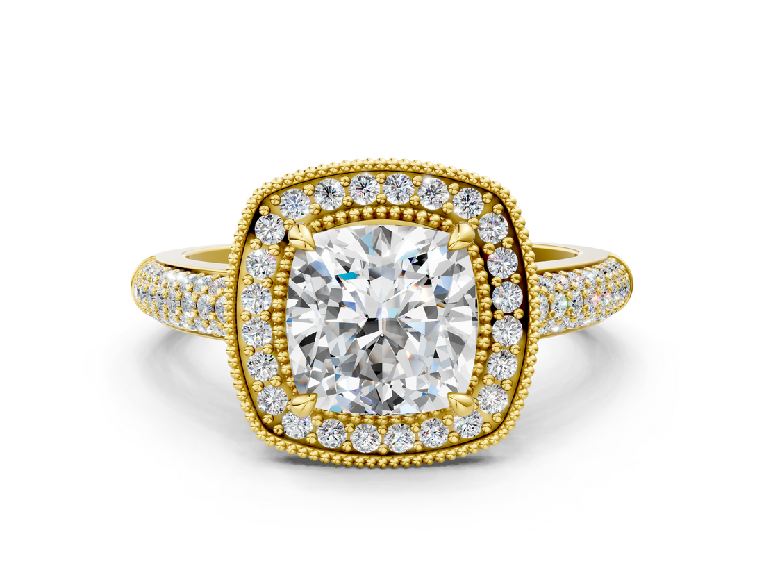 Yellow gold Cushion Cut Halo Diamond Pave Band with Four-Prong Setting_51