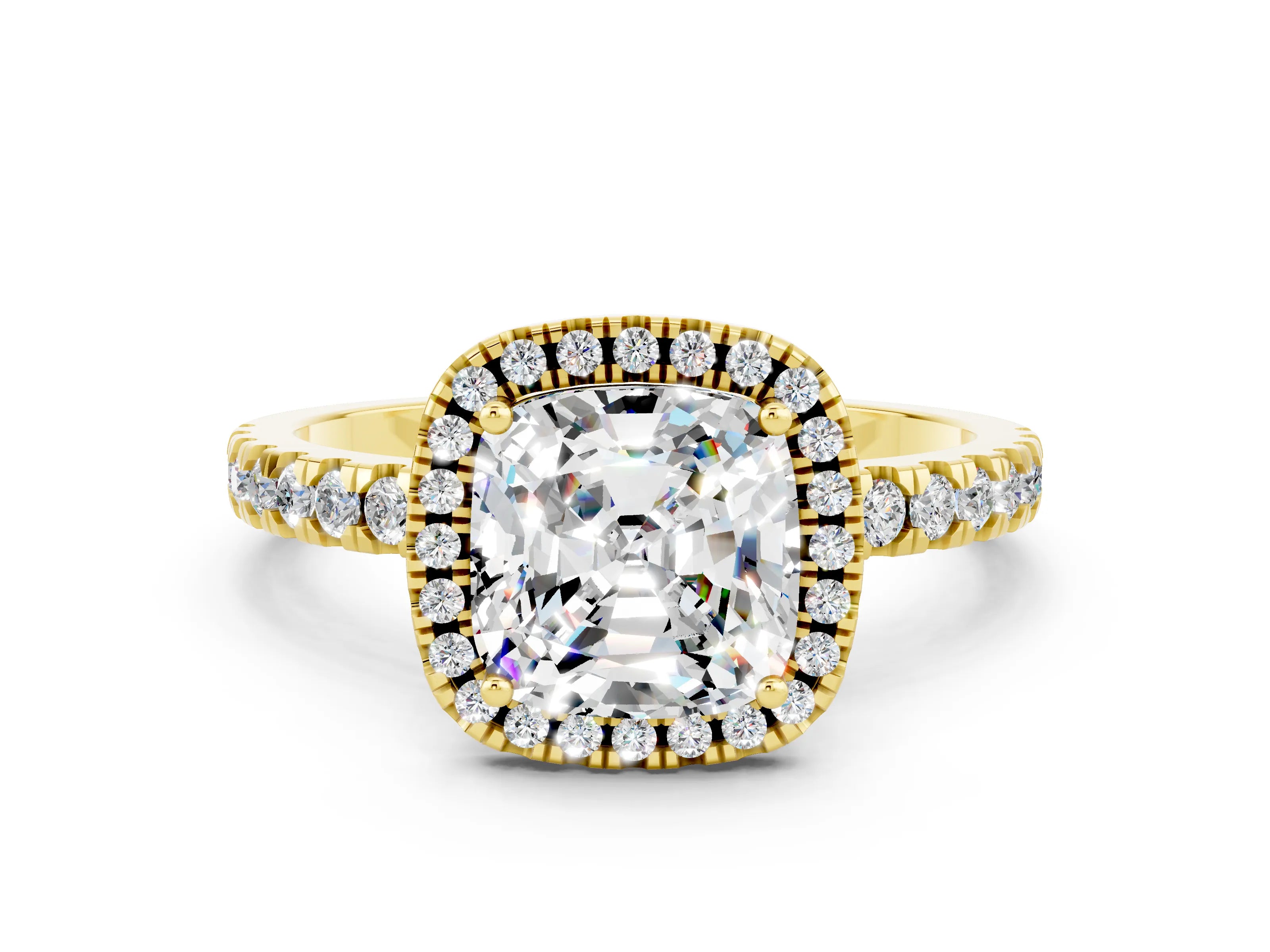 Yellow gold Cushion Cut Halo Diamond Pave Band with Prong Setting