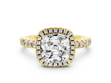 Yellow gold Cushion Cut Halo Diamond Pave Band with Prong Setting