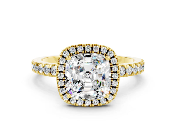 Yellow gold Cushion Cut Moissanite Classic Halo Engagement Ring with Round Pavé Band and Prong Setting